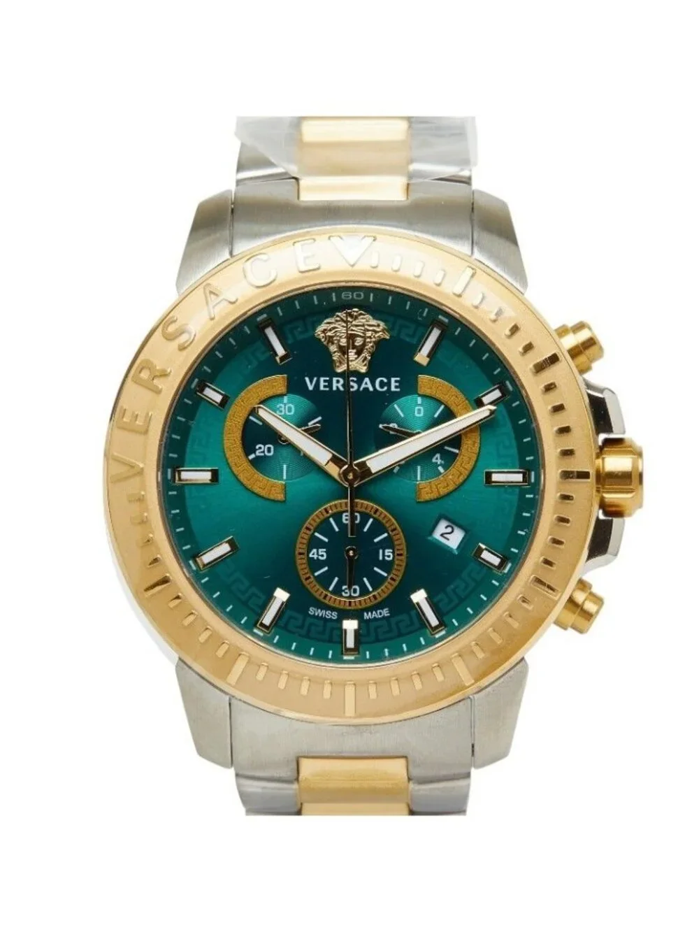 Versace New Chrono Watch Green Silver Gold Stainless Steel